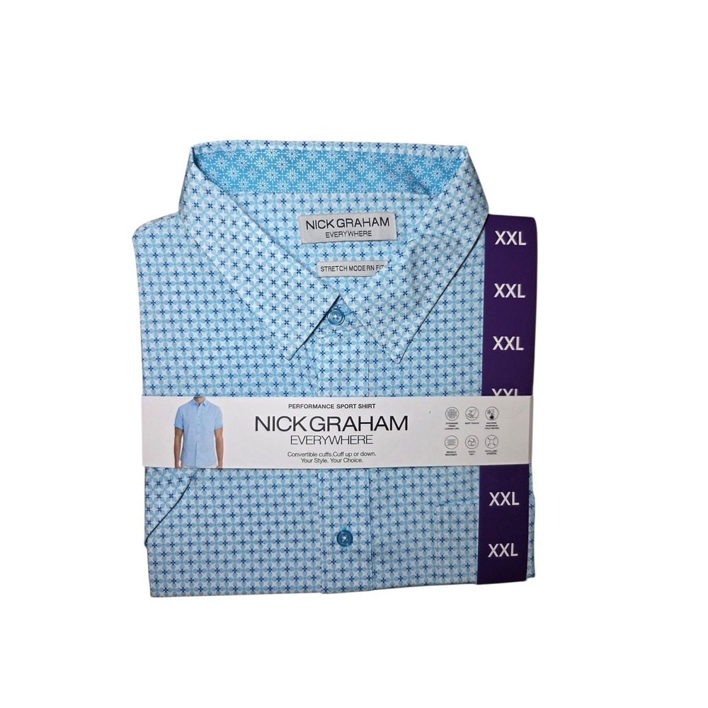 Nick Graham Everywhere Stretch Button Up SS Men's Top Turquoise Geometric XXL Nw